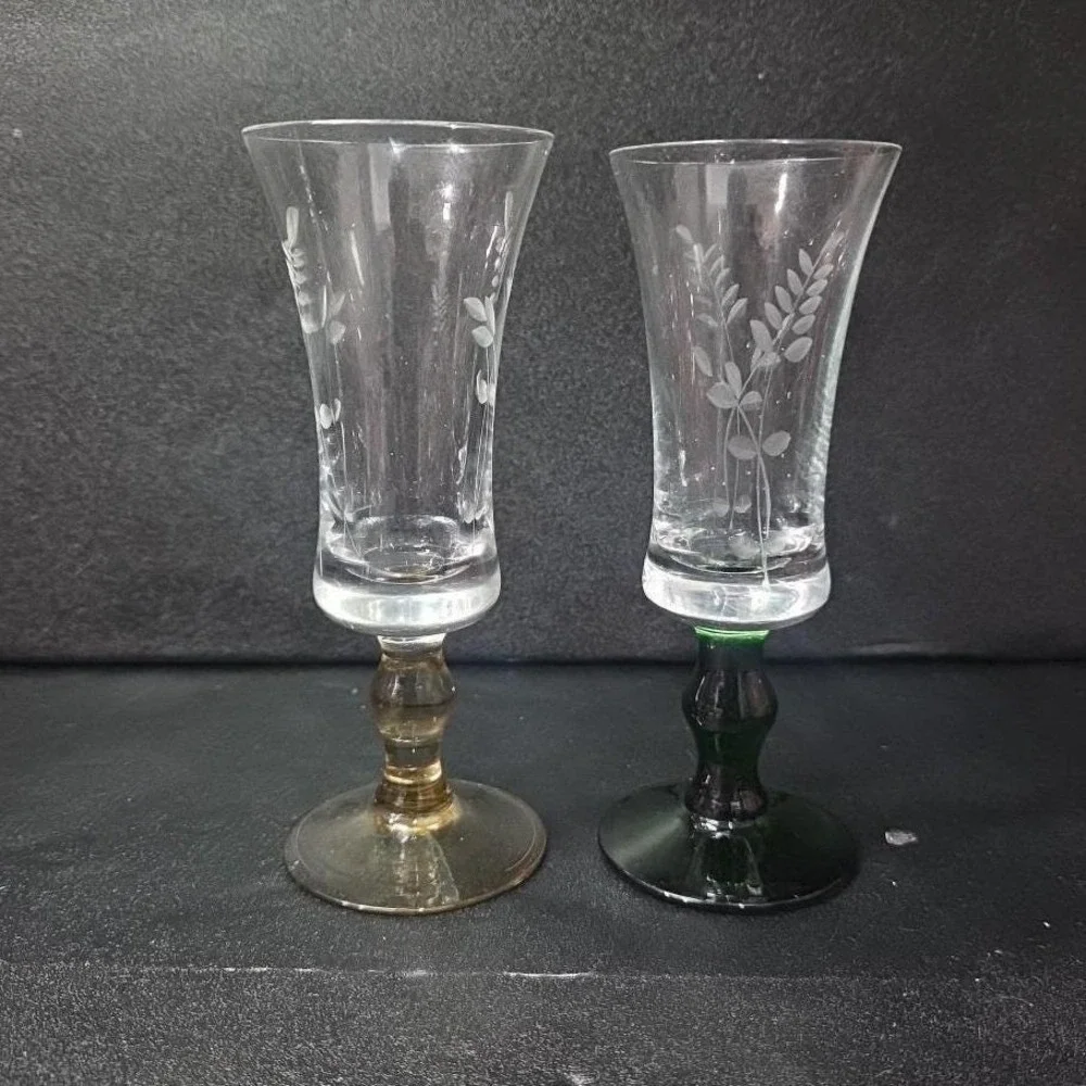 Etched Leaves Cordial Glasses, Set of 2, Vintage Green‎ & Yellow Stem Stemware